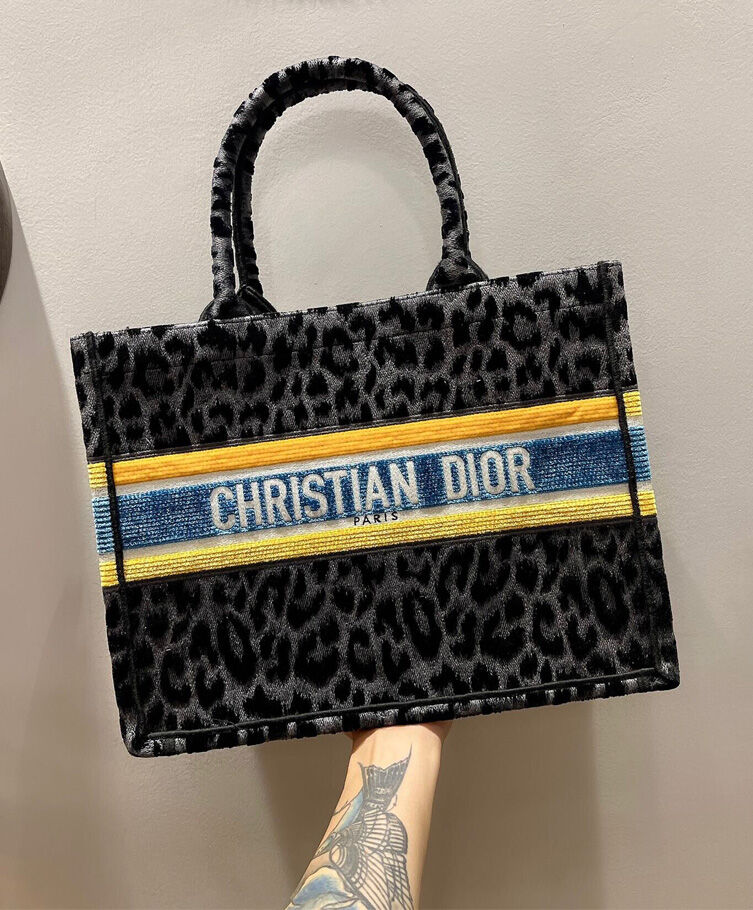 Christian Dior Book Tote Velvet Mizza Embroidery Canvas Dark Gray